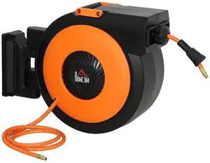 Retractable Air Hose Reel Auto Rewind 3/8 in x 82 ft Black & Orange | Wall Mounted Compressor Hose Reel with Swivel Bracket, 6.6 ft Lead in, 300 PSI, Air Coupler Retractable Air Hose Reel Auto Rewind 3/8 in x 82 ft Black & Orange | Wall Mounted Compressor Hose Reel with Swivel Bracket, 6.6 ft Lead in, 300 PSI, Air Coupler