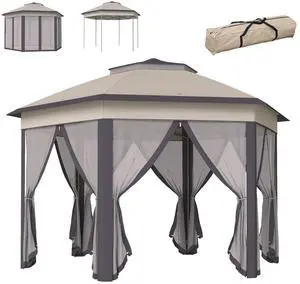 13' x 13' Pop Up Gazebo Hexagonal Canopy Shelter Coffee and Beige | 6 Zippered Mesh Netting, Event Tent, Strong Steel Frame, Patio Backyard Garden Wedding Party 13' x 13' Pop Up Gazebo Hexagonal Canopy Shelter Coffee and Beige | 6 Zippered Mesh Netting, Event Tent, Strong Steel Frame, Patio Backyard Garden Wedding Party