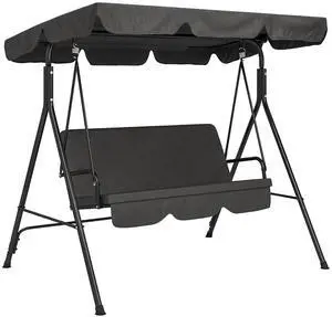 3-Person Porch Swing w/Stand Adjustable Tilt Canopy, Black | Removable Cushion, Steel Frame Stand, Outdoor, Patio, Garden, Poolside, Balcony, Backyard, Porch 3-Person Porch Swing w/Stand Adjustable Tilt Canopy, Black | Removable Cushion, Steel Frame Stand, Outdoor, Patio, Garden, Poolside, Balcony, Backyard, Porch