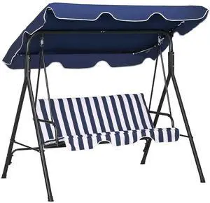3-Person Porch Swing w/Stand Adjustable Tilt Canopy, Dark Blue | Removable Cushion, Steel Frame Stand, Outdoor, Patio, Garden, Poolside, Balcony, Backyard, Porch 3-Person Porch Swing w/Stand Adjustable Tilt Canopy, Dark Blue | Removable Cushion, Steel Frame Stand, Outdoor, Patio, Garden, Poolside, Balcony, Backyard, Porch