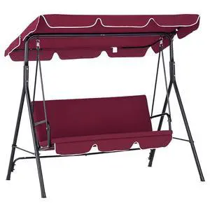 3-Person Porch Swing w/Stand Adjustable Tilt Canopy, Wine Red | Removable Cushion, Steel Frame Stand, Outdoor, Patio, Garden, Poolside, Balcony, Backyard, Porch 3-Person Porch Swing w/Stand Adjustable Tilt Canopy, Wine Red | Removable Cushion, Steel Frame Stand, Outdoor, Patio, Garden, Poolside, Balcony, Backyard, Porch