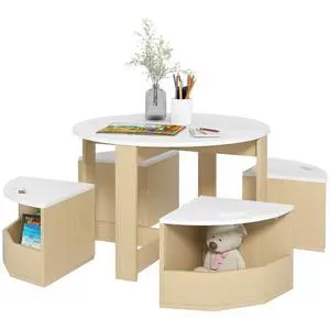Qaba Toddler Table and Chairs Set 5 Pieces Round Kids Activity Table White | Storage, Play, Art, Craft, Drawing, Playroom, Classroom, Nursery Qaba Toddler Table and Chairs Set 5 Pieces Round Kids Activity Table White | Storage, Play, Art, Craft, Drawing, Playroom, Classroom, Nursery