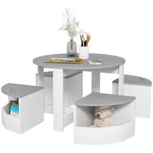 Qaba Toddler Table and Chairs Set 5 Pieces Round Kids Activity Table Gray | Storage, Play, Art, Craft, Drawing, Playroom, Classroom, Nursery Qaba Toddler Table and Chairs Set 5 Pieces Round Kids Activity Table Gray | Storage, Play, Art, Craft, Drawing, Playroom, Classroom, Nursery