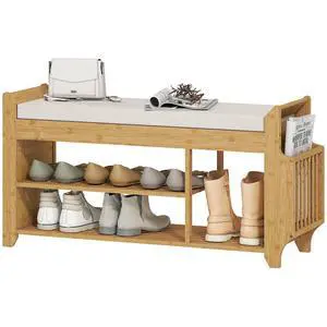 Shoe Bench, Entryway Bench, 2-Tier, 39.4", Natural and Cream | Cushioned Seat, Side Umbrella Holder, Natural Bamboo Shoe Rack, Hallway, Living Room Shoe Bench, Entryway Bench, 2-Tier, 39.4", Natural and Cream | Cushioned Seat, Side Umbrella Holder, Natural Bamboo Shoe Rack, Hallway, Living Room