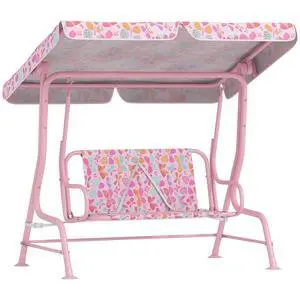 Qaba Kids Patio Swing 2-Seater w/Adjustable Canopy Butterfly Pattern Pink | Outdoor Porch Swing Chair, Safety Belt, Hanging Bench, for Garden, Backyard Qaba Kids Patio Swing 2-Seater w/Adjustable Canopy Butterfly Pattern Pink | Outdoor Porch Swing Chair, Safety Belt, Hanging Bench, for Garden, Backyard