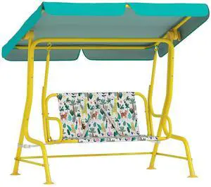 Qaba Kids Patio Swing 2-Seater w/Adjustable Canopy Animal Pattern Green | Outdoor Porch Swing Chair, Safety Belt, Hanging Bench, for Garden, Backyard Qaba Kids Patio Swing 2-Seater w/Adjustable Canopy Animal Pattern Green | Outdoor Porch Swing Chair, Safety Belt, Hanging Bench, for Garden, Backyard