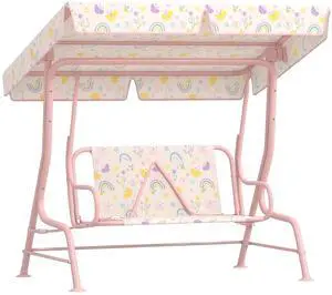 Qaba Kids Patio Swing 2-Seater w/Adjustable Canopy Rainbow Pattern Pink | Outdoor Porch Swing Chair, Safety Belt, Hanging Bench, for Garden, Backyard Qaba Kids Patio Swing 2-Seater w/Adjustable Canopy Rainbow Pattern Pink | Outdoor Porch Swing Chair, Safety Belt, Hanging Bench, for Garden, Backyard