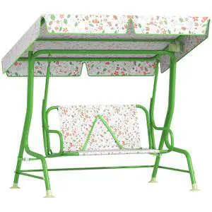 Qaba Kids Patio Swing 2-Seater w/Adjustable Canopy Fox Pattern Green | Outdoor Porch Swing Chair, Safety Belt, Hanging Bench, for Garden, Backyard Qaba Kids Patio Swing 2-Seater w/Adjustable Canopy Fox Pattern Green | Outdoor Porch Swing Chair, Safety Belt, Hanging Bench, for Garden, Backyard