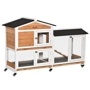 PawHut 62" Rabbit Hutch with Wheels for Rabbits, Chickens, Ducks, Nature | Wooden Bunny Hutch, Guinea Pig Cage, Small Animal Enclosure, Run Area, Removable Tray, Asphalt Roof, Lockable Doors & Ramp PawHut 62" Rabbit Hutch with Wheels for Rabbits, Chickens, Ducks, Nature | Wooden Bunny Hutch, Guinea Pig Cage, Small Animal Enclosure, Run Area, Removable Tray, Asphalt Roof, Lockable Doors & Ramp