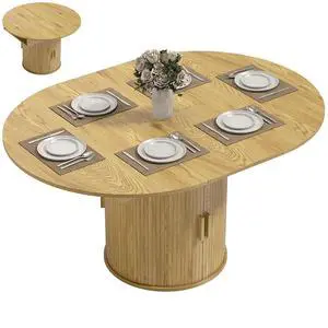 43.3" to 59" Extendable Round Dining Table for 4-6, Natural Wood | Round to Oval, 8 Compartment Storage, Farmhouse Dining Room Table, Circle Kitchen Table, Fluted Sliding Doors, Living Room 43.3" to 59" Extendable Round Dining Table for 4-6, Natural Wood | Round to Oval, 8 Compartment Storage, Farmhouse Dining Room Table, Circle Kitchen Table, Fluted Sliding Doors, Living Room
