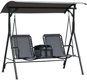2-Seater Patio Swing Chair Outdoor Canopy Swing Glider, Gray | Pivot Storage Table, Cup Holder, Adjustable Shade, Bungie Seat Suspension, Weather Resistant Steel Frame 2-Seater Patio Swing Chair Outdoor Canopy Swing Glider, Gray | Pivot Storage Table, Cup Holder, Adjustable Shade, Bungie Seat Suspension, Weather Resistant Steel Frame