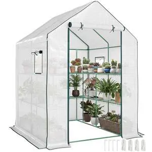 4.6' x 4.7' Portable Greenhouse Walk-in Water/UV Resistant White | Small Outdoor Green House, 2 Tier U-Shaped Flower Rack Shelves, Roll Up Door & Windows 4.6' x 4.7' Portable Greenhouse Walk-in Water/UV Resistant White | Small Outdoor Green House, 2 Tier U-Shaped Flower Rack Shelves, Roll Up Door & Windows