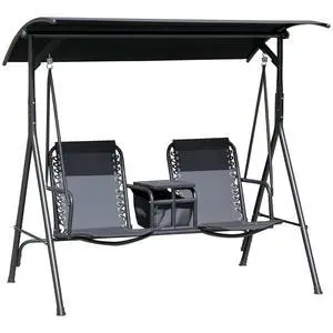 2-Seater Patio Swing Chair Outdoor Canopy Swing Glider, Black | Pivot Storage Table, Cup Holder, Adjustable Shade, Bungie Seat Suspension, Weather Resistant Steel Frame 2-Seater Patio Swing Chair Outdoor Canopy Swing Glider, Black | Pivot Storage Table, Cup Holder, Adjustable Shade, Bungie Seat Suspension, Weather Resistant Steel Frame