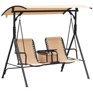 2-Seater Patio Swing Chair Outdoor Canopy Swing Glider, Beige | Pivot Storage Table, Cup Holder, Adjustable Shade, Bungie Seat Suspension, Weather Resistant Steel Frame 2-Seater Patio Swing Chair Outdoor Canopy Swing Glider, Beige | Pivot Storage Table, Cup Holder, Adjustable Shade, Bungie Seat Suspension, Weather Resistant Steel Frame