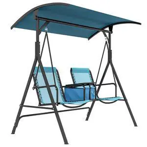 2-Seater Patio Swing Chair Outdoor Canopy Swing Glider, Blue | Pivot Storage Table, Cup Holder, Adjustable Shade, Bungie Seat Suspension, Weather Resistant Steel Frame 2-Seater Patio Swing Chair Outdoor Canopy Swing Glider, Blue | Pivot Storage Table, Cup Holder, Adjustable Shade, Bungie Seat Suspension, Weather Resistant Steel Frame