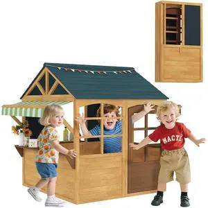 Qaba Foldable Outdoor Playhouse with Windows for Kids 3-8 Years Brown | Wooden Kids Cottage, Working Door, Snack Bars, Waterproof Covers, Blackboards Qaba Foldable Outdoor Playhouse with Windows for Kids 3-8 Years Brown | Wooden Kids Cottage, Working Door, Snack Bars, Waterproof Covers, Blackboards