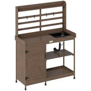 Outdoor Wooden Potting Bench Table w/Sink, Water Tap, Dark Brown | Garden Workstation, Storage Cabinet, Storage Shelves, Backyard, Patio, Balcony Outdoor Wooden Potting Bench Table w/Sink, Water Tap, Dark Brown | Garden Workstation, Storage Cabinet, Storage Shelves, Backyard, Patio, Balcony