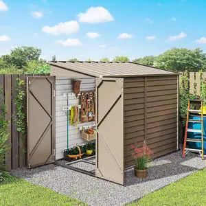 4.6' x 9' Steel Outdoor Storage Shed Waterproof Lean-to Brown | Metal Garden Tool House, Foundation Kit, Lockable Doors, Gloves, 2 Air Vents, Backyard Patio Lawn 4.6' x 9' Steel Outdoor Storage Shed Waterproof Lean-to Brown | Metal Garden Tool House, Foundation Kit, Lockable Doors, Gloves, 2 Air Vents, Backyard Patio Lawn