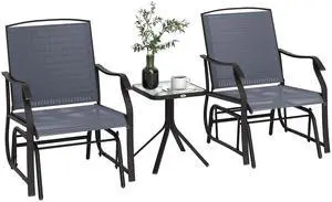 3 Piece Outdoor Glider Chair Coffee Table Bistro Set Gray | 2 Patio Rocking Swing Chairs, Breathable Sling Fabric, Glass Tabletop, for Backyard Garden Porch 3 Piece Outdoor Glider Chair Coffee Table Bistro Set Gray | 2 Patio Rocking Swing Chairs, Breathable Sling Fabric, Glass Tabletop, for Backyard Garden Porch
