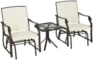 3 Piece Outdoor Glider Chair Coffee Table Bistro Set Cream White | 2 Patio Rocking Swing Chairs, Breathable Sling Fabric, Glass Tabletop, for Backyard Garden Porch 3 Piece Outdoor Glider Chair Coffee Table Bistro Set Cream White | 2 Patio Rocking Swing Chairs, Breathable Sling Fabric, Glass Tabletop, for Backyard Garden Porch