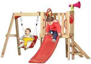 Swing Set for Backyard Wooden Toddler Playset Ages 1.5-4 Red | Outdoor Playset, Baby Swing Seat, Kids Slide, Fort, Captain's Wheel, Telescope, Playground Equipment Swing Set for Backyard Wooden Toddler Playset Ages 1.5-4 Red | Outdoor Playset, Baby Swing Seat, Kids Slide, Fort, Captain's Wheel, Telescope, Playground Equipment