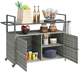 PE Rattan Outdoor Storage Cabinet, Wicker Outdoor Bar Table Kitchen Island with Wheels & 2-Tier Shelf, Patio Serving Cart with Glass Top, Handles, Towel Racks for Poolside, Mixed Gray PE Rattan Outdoor Storage Cabinet, Wicker Outdoor Bar Table Kitchen Island with Wheels & 2-Tier Shelf, Patio Serving Cart with Glass Top, Handles, Towel Racks for Poolside, Mixed Gray