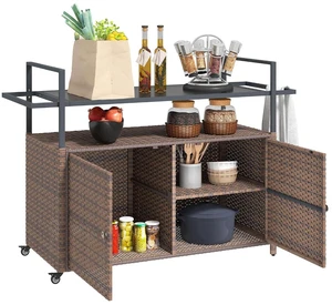 PE Rattan Outdoor Storage Cabinet, Wicker Outdoor Bar Table Kitchen Island with Wheels & 2-Tier Shelf, Patio Serving Cart with Glass Top, Handles, Towel Racks for Poolside, Mixed Brown PE Rattan Outdoor Storage Cabinet, Wicker Outdoor Bar Table Kitchen Island with Wheels & 2-Tier Shelf, Patio Serving Cart with Glass Top, Handles, Towel Racks for Poolside, Mixed Brown