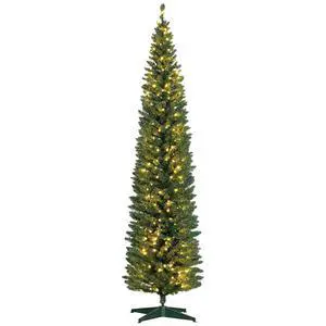 Noble Fir Artificial Pencil Christmas Tree Prelit 8' Green | Slim, 300 Warm White LED Lights, 618 Tips, Christmas Decoration Noble Fir Artificial Pencil Christmas Tree Prelit 8' Green | Slim, 300 Warm White LED Lights, 618 Tips, Christmas Decoration