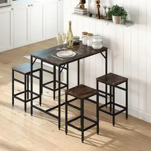 5-Piece Industrial Dining Table Set, Bar Table Chair Set Black/Brown | 4 Stools Included, Space Saving, Pub & Kitchen 5-Piece Industrial Dining Table Set, Bar Table Chair Set Black/Brown | 4 Stools Included, Space Saving, Pub & Kitchen