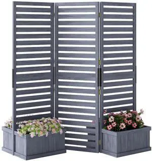 Freestanding Outdoor Privacy Screen for Hot Tub, 3-Panel, Gray | 4 Self-Draining Planters / Raised Garden Beds, Hinged Panels, Patio, Backyard, Deck Freestanding Outdoor Privacy Screen for Hot Tub, 3-Panel, Gray | 4 Self-Draining Planters / Raised Garden Beds, Hinged Panels, Patio, Backyard, Deck