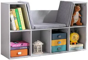 6-Cubby Kids Bookcase with Reading Nook and Cushion Grey | Multi-Purpose Storage Organizer, for Bedroom, Living Room 6-Cubby Kids Bookcase with Reading Nook and Cushion Grey | Multi-Purpose Storage Organizer, for Bedroom, Living Room