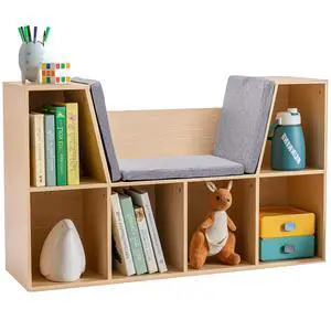 6-Cubby Kids Bookcase with Reading Nook and Cushion Natural | Multi-Purpose Storage Organizer, for Bedroom, Living Room 6-Cubby Kids Bookcase with Reading Nook and Cushion Natural | Multi-Purpose Storage Organizer, for Bedroom, Living Room