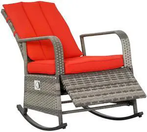 Wicker Outdoor Rocking Chair, Patio Recliner with Cushions Red | Adjustment Backrest, PE Rattan Lounge Chair, Adjustable Footrest, Garden, Backyard, Porch Wicker Outdoor Rocking Chair, Patio Recliner with Cushions Red | Adjustment Backrest, PE Rattan Lounge Chair, Adjustable Footrest, Garden, Backyard, Porch