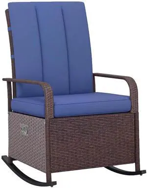Wicker Outdoor Rocking Chair, Patio Recliner with Cushions Blue | Adjustment Backrest, PE Rattan Lounge Chair, Adjustable Footrest, Garden, Backyard, Porch Wicker Outdoor Rocking Chair, Patio Recliner with Cushions Blue | Adjustment Backrest, PE Rattan Lounge Chair, Adjustable Footrest, Garden, Backyard, Porch