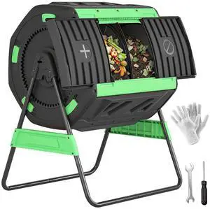 Compost Bin Outdoor, 53 Gal Dual Chamber Compost Tumbler, Green | 8 Adjustable Vents, BPA Free, Rotating Tumbling Composter, 2 Sliding Doors, Metal Frame, for Kitchen Garden Yard Compost Bin Outdoor, 53 Gal Dual Chamber Compost Tumbler, Green | 8 Adjustable Vents, BPA Free, Rotating Tumbling Composter, 2 Sliding Doors, Metal Frame, for Kitchen Garden Yard