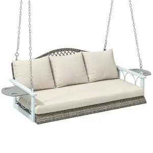 3 Person Wicker Porch Swing Chair Heavy Duty 57 Inch Natural Wood | 800 LBS Capacity, Cup Holder, Cushions and Chains, Outdoor Rattan Patio Hanging Swing Bench, Garden Backyard 3 Person Wicker Porch Swing Chair Heavy Duty 57 Inch Natural Wood | 800 LBS Capacity, Cup Holder, Cushions and Chains, Outdoor Rattan Patio Hanging Swing Bench, Garden Backyard