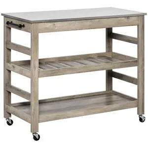 Rolling Kitchen Cart with Stainless Steel Countertop, Grey | Kitchen Butcher Block Cart, 1 Bottom Shelf, 1 Slotted Middle Shelf, 4 Castor Wheels Rolling Kitchen Cart with Stainless Steel Countertop, Grey | Kitchen Butcher Block Cart, 1 Bottom Shelf, 1 Slotted Middle Shelf, 4 Castor Wheels