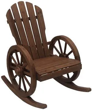 Wooden Rocking Chair Slatted Design Oversized Back Carbonized | Outdoor Adirondack Rocker Chair, Wagon Wheel Armrest, for Porch Poolside and Garden Wooden Rocking Chair Slatted Design Oversized Back Carbonized | Outdoor Adirondack Rocker Chair, Wagon Wheel Armrest, for Porch Poolside and Garden
