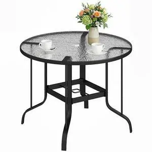 38" Round Patio Table with Umbrella Hole for Outdoor Dining Black | Tempered Glass Metal Frame Bistro Table, for Deck Yard Balcony Lawn Pool 38" Round Patio Table with Umbrella Hole for Outdoor Dining Black | Tempered Glass Metal Frame Bistro Table, for Deck Yard Balcony Lawn Pool