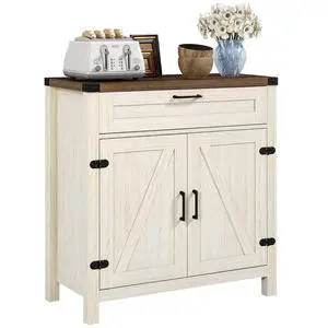 Sideboard, Storage Drawer, Coffee Bar Cabinet, Distressed White | Kitchen Cabinet, 2 Barn Doors, Modern Farmhouse Sideboard, Storage Drawer, Coffee Bar Cabinet, Distressed White | Kitchen Cabinet, 2 Barn Doors, Modern Farmhouse