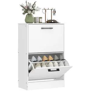 Shoe Cabinet with 2 Flip Drawers, up to 12 Pairs, White | Narrow Storage Cabinet, Adjustable Dividers, Entryway Shoe Storage Unit, for Hallway Shoe Cabinet with 2 Flip Drawers, up to 12 Pairs, White | Narrow Storage Cabinet, Adjustable Dividers, Entryway Shoe Storage Unit, for Hallway
