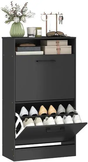 Shoe Cabinet with 2 Flip Drawers, Open Shelf, up to 12 Pairs, Black | Narrow Storage Cabinet, Adjustable Dividers, Entryway Shoe Storage Unit, for Hallway Shoe Cabinet with 2 Flip Drawers, Open Shelf, up to 12 Pairs, Black | Narrow Storage Cabinet, Adjustable Dividers, Entryway Shoe Storage Unit, for Hallway