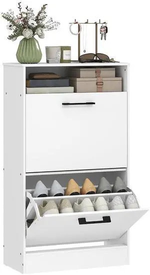 Shoe Cabinet with 2 Flip Drawers, Open Shelf, up to 12 Pairs, White | Narrow Storage Cabinet, Adjustable Dividers, Entryway Shoe Storage Unit, for Hallway Shoe Cabinet with 2 Flip Drawers, Open Shelf, up to 12 Pairs, White | Narrow Storage Cabinet, Adjustable Dividers, Entryway Shoe Storage Unit, for Hallway