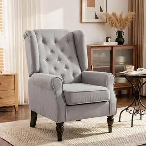 Mid-Century Modern Accent Chair, High Wingback Armchair, Gray | Reading, Button-Tufted, Upholstered Fabric, Retro Wood Legs, Apartment, Living Room, Bedroom Mid-Century Modern Accent Chair, High Wingback Armchair, Gray | Reading, Button-Tufted, Upholstered Fabric, Retro Wood Legs, Apartment, Living Room, Bedroom