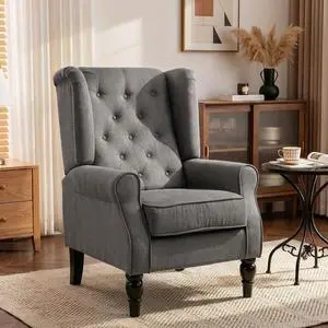Mid-Century Modern Accent Chair, High Wingback Armchair, Dark Gray | Reading, Button-Tufted, Upholstered Fabric, Retro Wood Legs, Apartment, Living Room, Bedroom Mid-Century Modern Accent Chair, High Wingback Armchair, Dark Gray | Reading, Button-Tufted, Upholstered Fabric, Retro Wood Legs, Apartment, Living Room, Bedroom