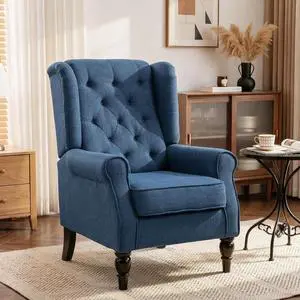Mid-Century Modern Accent Chair, High Wingback Reading Chair, Blue | Button-Tufted, Upholstered Fabric, Retro Wood Legs, Apartment, Living Room, Bedroom Mid-Century Modern Accent Chair, High Wingback Reading Chair, Blue | Button-Tufted, Upholstered Fabric, Retro Wood Legs, Apartment, Living Room, Bedroom