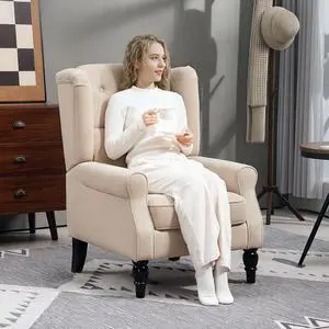 Mid-Century Modern Accent Chair, High Wingback Armchair,Beige | Reading, Button-Tufted, Upholstered Fabric, Retro Wood Legs, Apartment, Living Room, Bedroom Mid-Century Modern Accent Chair, High Wingback Armchair,Beige | Reading, Button-Tufted, Upholstered Fabric, Retro Wood Legs, Apartment, Living Room, Bedroom