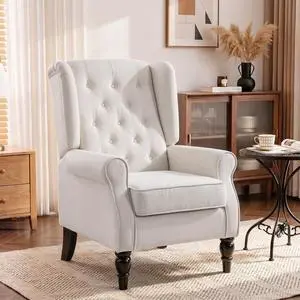 Mid-Century Modern Accent Chair, High Wingback Armchair, Cream White | Reading, Button-Tufted, Upholstered Fabric, Retro Wood Legs, Apartment, Living Room, Bedroom Mid-Century Modern Accent Chair, High Wingback Armchair, Cream White | Reading, Button-Tufted, Upholstered Fabric, Retro Wood Legs, Apartment, Living Room, Bedroom