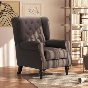 Mid-Century Modern Accent Chair, High Wingback Armchair, Dark Brown | Reading, Button-Tufted, Upholstered Fabric, Retro Wood Legs, Apartment, Living Room, Bedroom Mid-Century Modern Accent Chair, High Wingback Armchair, Dark Brown | Reading, Button-Tufted, Upholstered Fabric, Retro Wood Legs, Apartment, Living Room, Bedroom