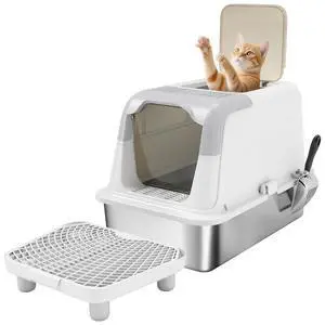 PawHut Stainless Steel Litter Box, Extra Large Enclosed Cat Litter Box | Front-Entry and Top-Exit, Scoop, Deodorizer Bag, Sand Drop Pedal, Anti-Urine Leakage, Non-Sticky and Easy to Clean PawHut Stainless Steel Litter Box, Extra Large Enclosed Cat Litter Box | Front-Entry and Top-Exit, Scoop, Deodorizer Bag, Sand Drop Pedal, Anti-Urine Leakage, Non-Sticky and Easy to Clean